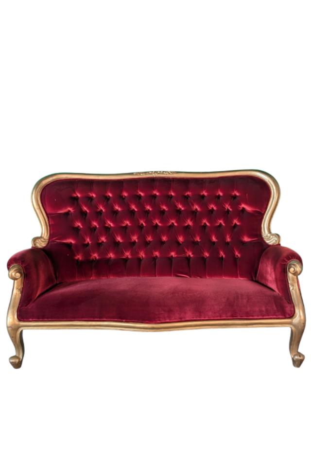Where to find Red Velvet Gold Trim Loveseat in Fresno